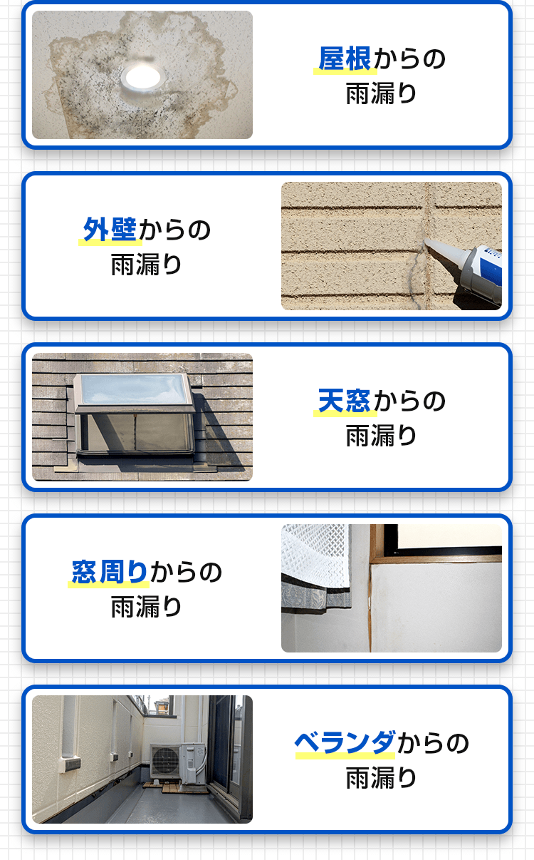 屋根からの雨漏り、外壁からの雨漏り、天窓からの雨漏り、窓回りからの雨漏り、ベランダからの雨漏り